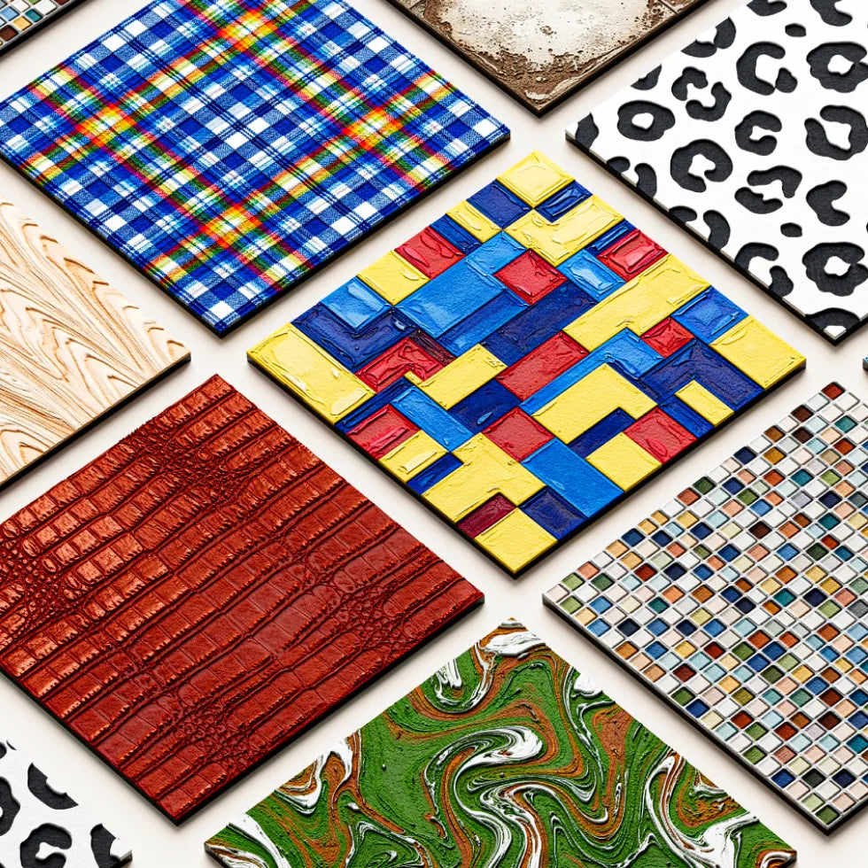 Colorful UV-printed sample panels with geometric, plaid, mosaic, and marbled textures