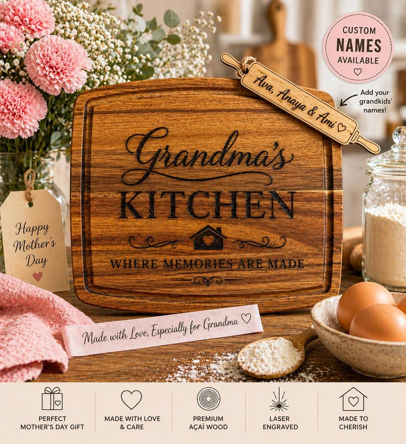 Engraved Grandma’s Kitchen wood board with a personalized rolling-pin tag, styled with pink flowers and baking ingredients