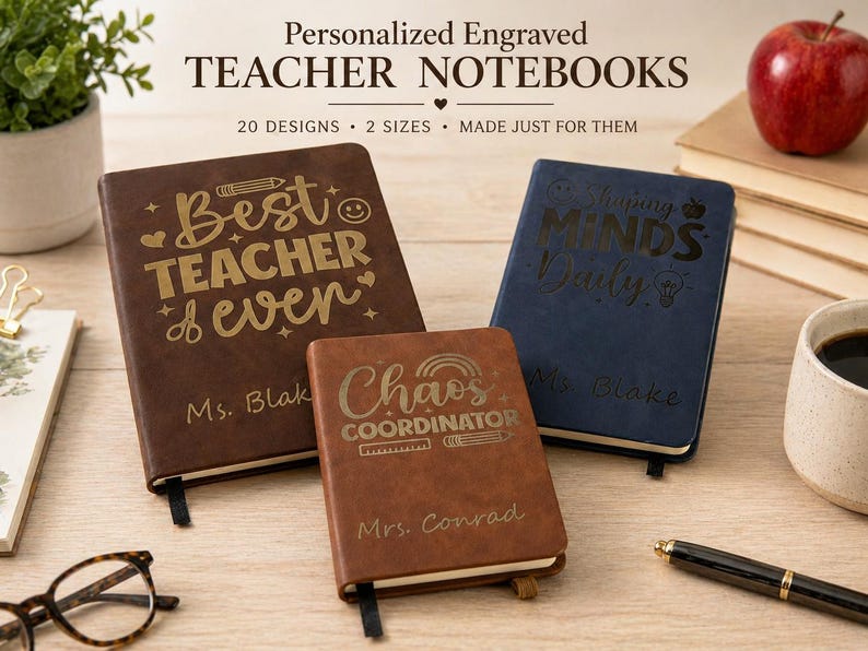 Cheherish personalized laser-engraved notebooks styled on a desk