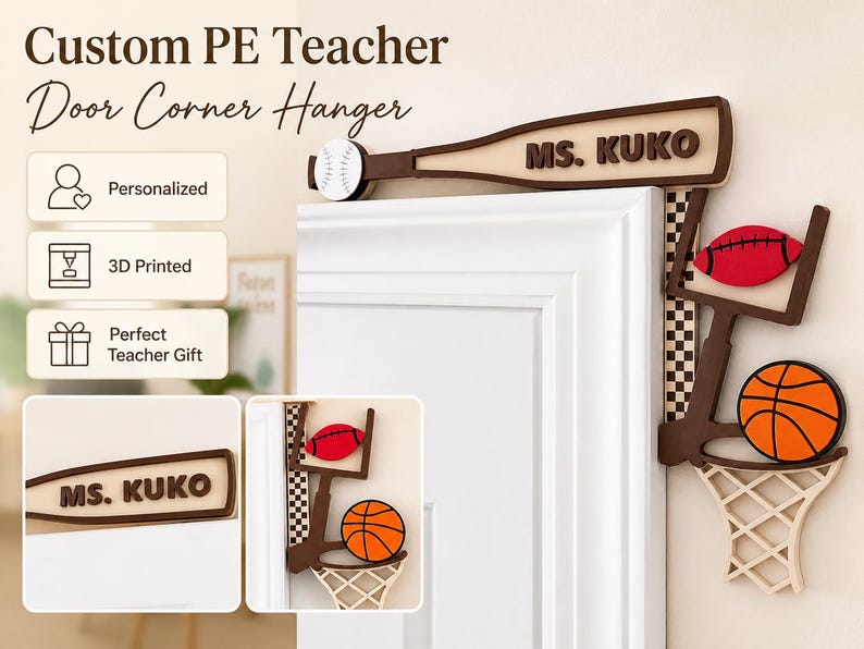 Personalized PE teacher door corner sign with a baseball bat, football and basketball, shown on a white door frame